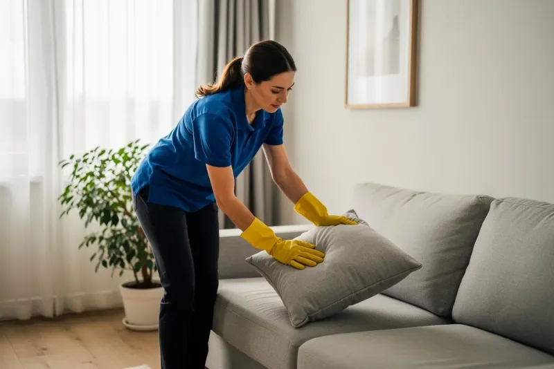 A Happy Maids cleaner plumping a cushion in a tidy living room